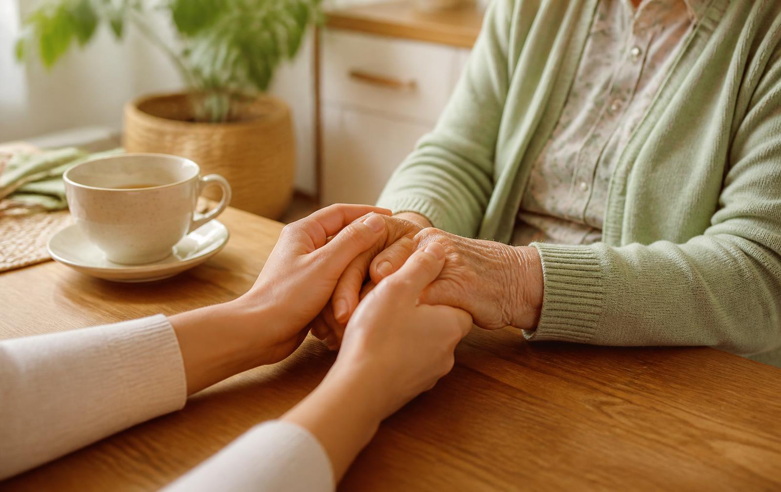 Manos jóvenes sosteniendo con cariño las manos de una persona mayor en casa